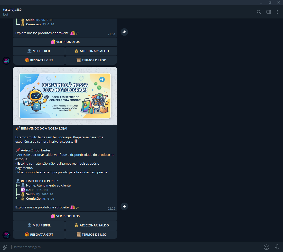 Demonstração do Menu do Bot vendryx