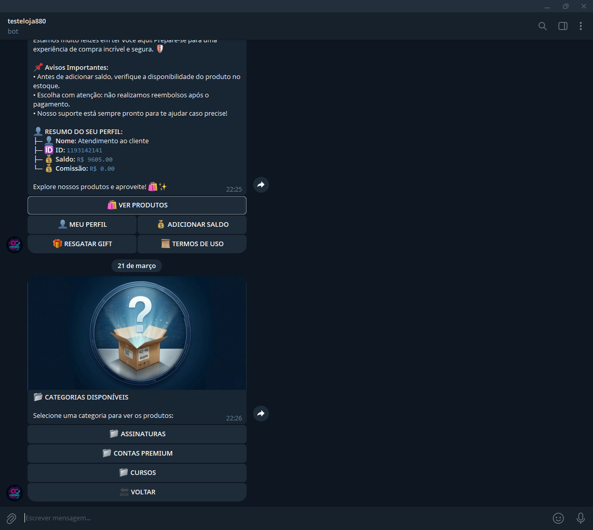 Demonstração de categorias do bot vendryx