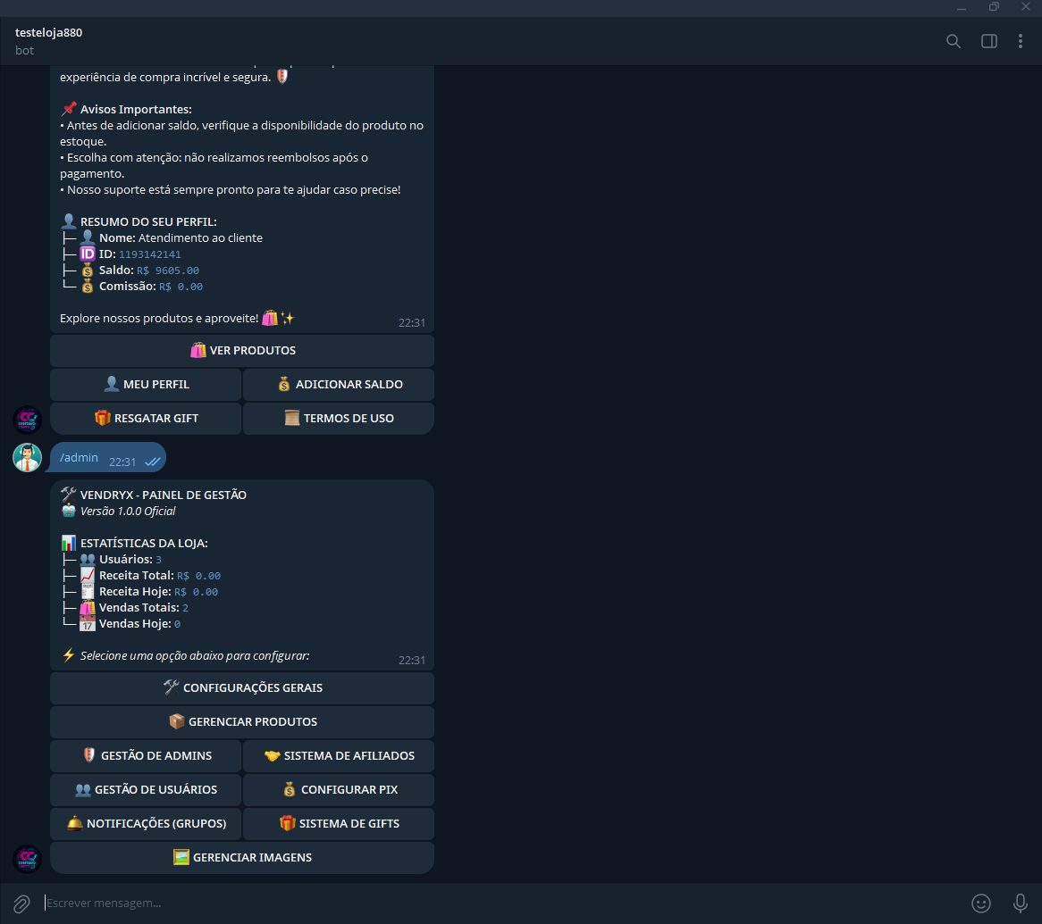 Demonstração do Painel administrador do bot vendryx