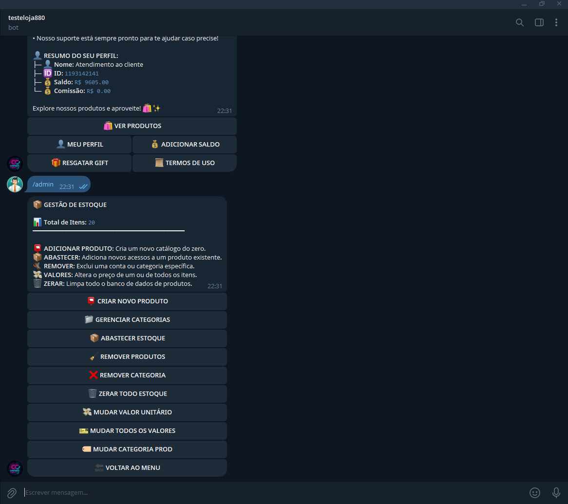 Demonstração de gestao de estoque do bot vendryx